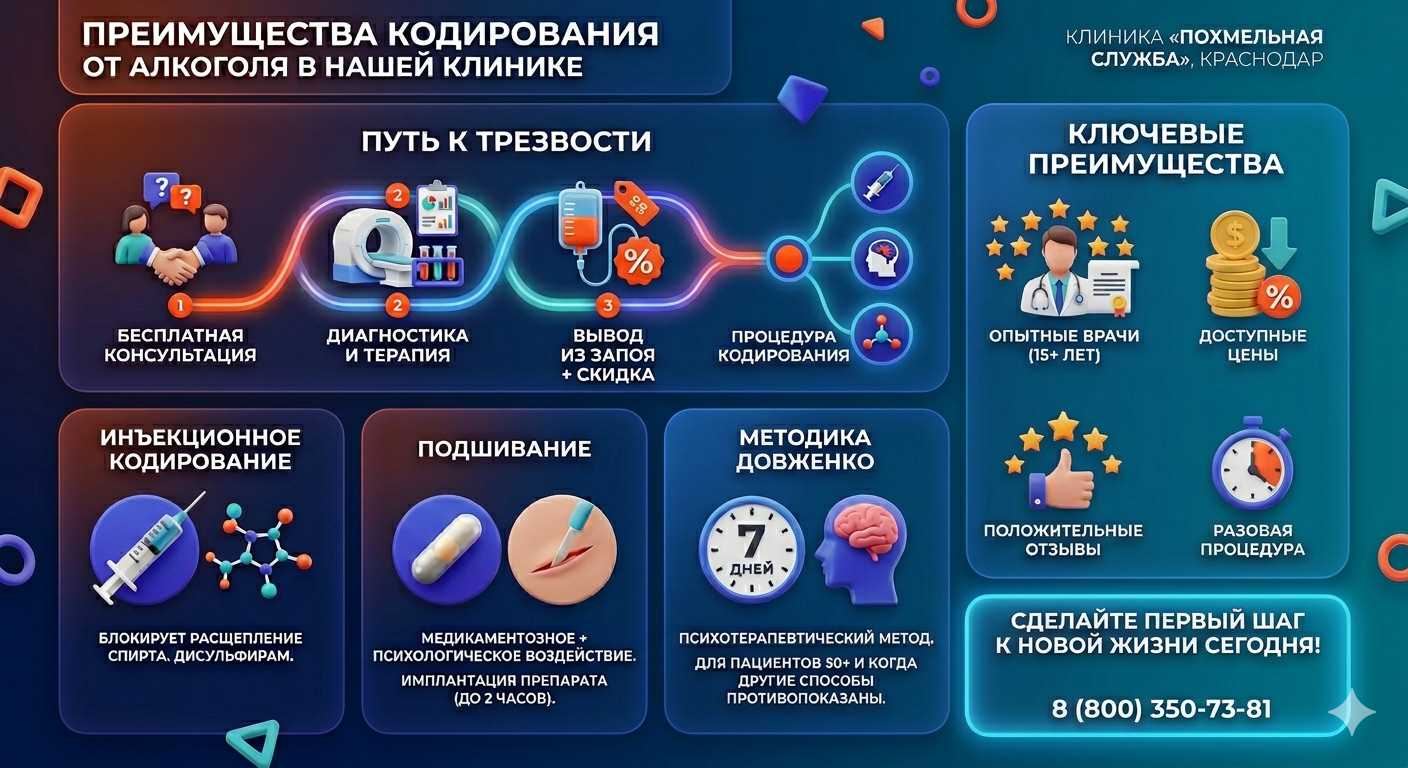 Инфографика о методах кодирования от алкоголя в Ханты-Мансийске: инъекции, подшивание, метод Довженко. Преимущества клиники и этапы лечения.