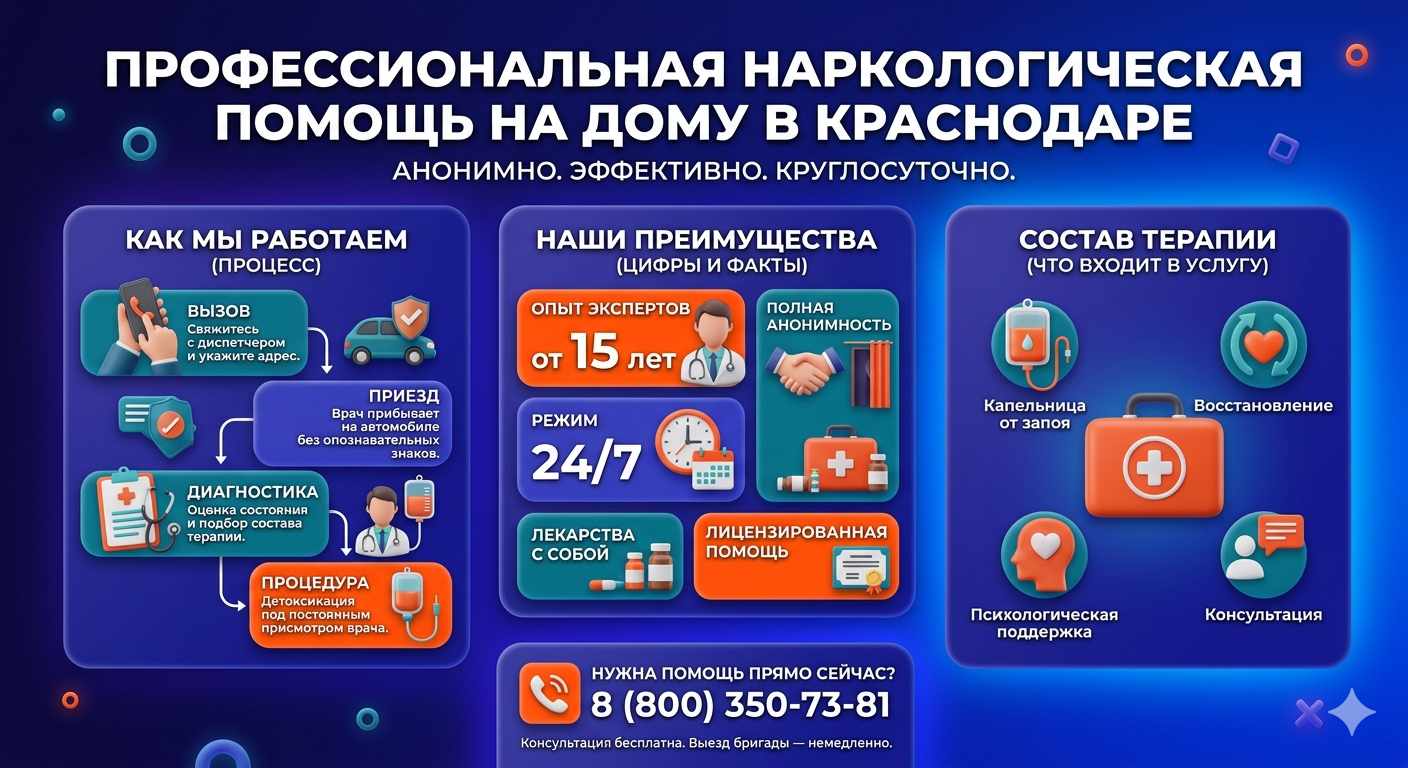Инфографика о принципах лечения алкоголизма на дому в Ханты-Мансийске: этапы вызова нарколога, преимущества анонимной детоксикации и состав медицинской помощи.